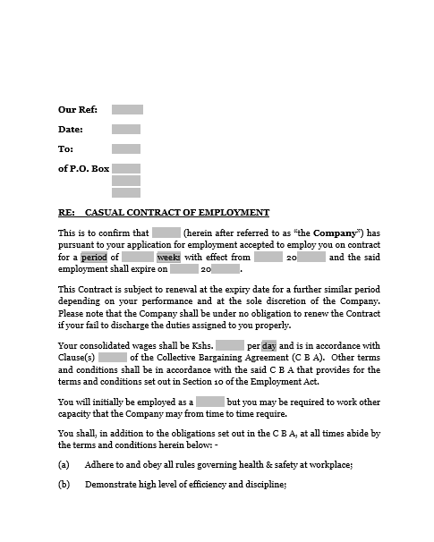 Casuals Contract of Appointment -under CBA document preview