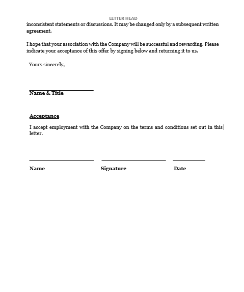 Letter of Offer - Unpaid Intern document preview
